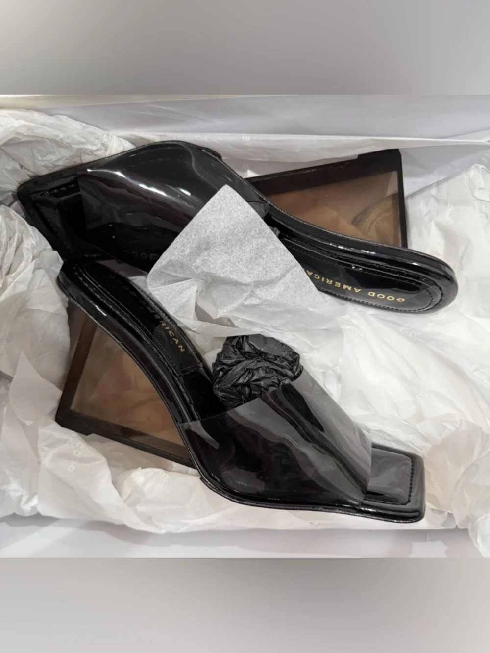 Good American Women’s Cinder-F*cking-Rella Square Clear Black Wedges - Picture 7 of 9